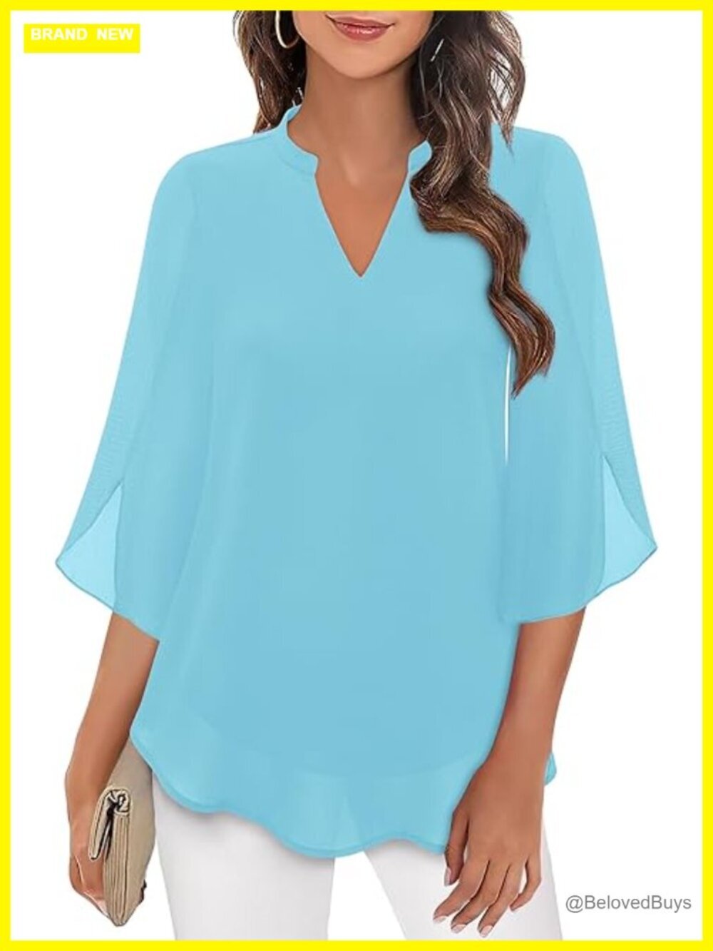 Dressy Casual Ruffle 3/4 Sleeve V Neck Double Layers Chiffon Blouse Top